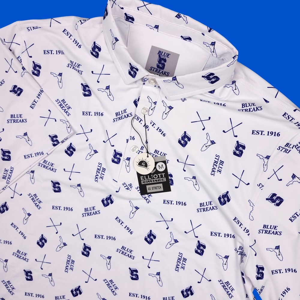 Sebring Blue Streaks Polo Shirt Mens Medium SPF 50 White Golf Print Florida AOP